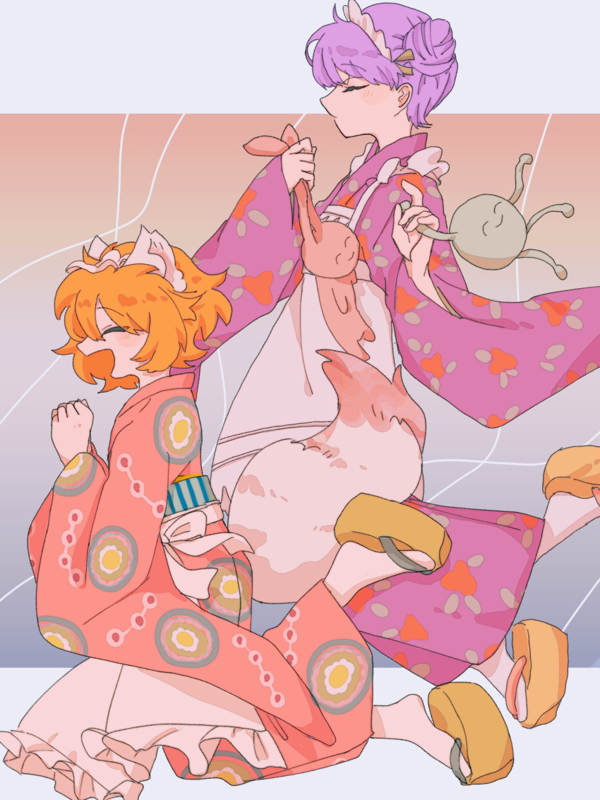 2girls animal_ears apron blonde_hair blush clenched_hands closed_eyes closed_mouth commentary_request cone_hair_bun expressionless from_side full_body furisode gradient_background hacchi's_mahou_shoujo_minky_pinky hair_bun hands_up highres holding holding_stuffed_toy japanese_clothes jumping kimono letterboxed maid maid_headdress maku_(m0upmc) multiple_girls napoli_no_otokotachi okobo open_mouth outside_border pele_(napoli_no_otokotachi) print_kimono purple_hair short_hair smile stuffed_toy tail wa_maid white_apron