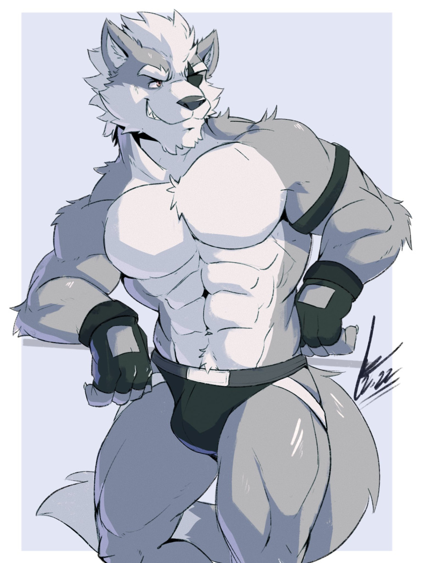 abs anthro biceps canid canine canis clothed clothing eye_patch eyewear fur gloves grey_body grey_fur hair handwear hi_res jockstrap lofnirv male mammal muscular muscular_anthro muscular_male nintendo pecs simple_background smile solo star_fox tail teeth topless underwear wolf wolf_o'donnell