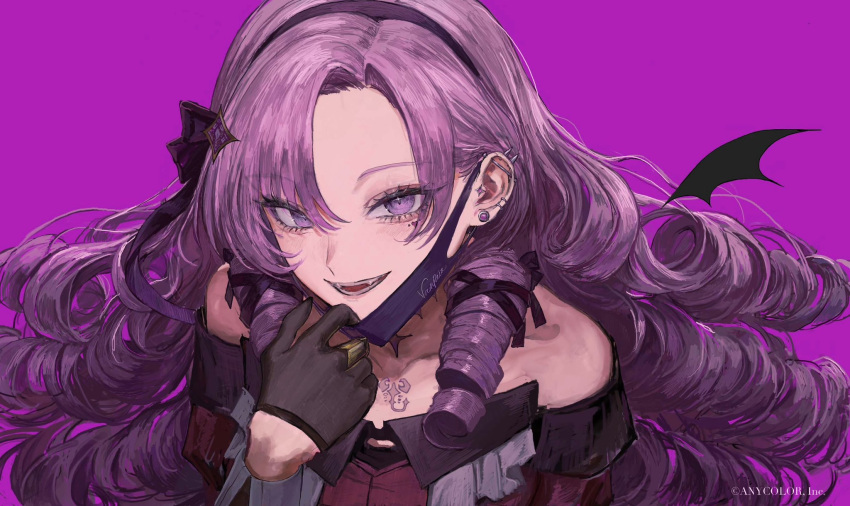 1girl black_gloves drill_hair gloves half_gloves headband highres hyakumantenbara_salome hyakumantenbara_salome_(1st_costume) long_hair mask mouth_mask nijisanji pink_background purple_eyes purple_hair purple_headband ratte_(cf) simple_background solo vampire_(vocaloid) virtual_youtuber