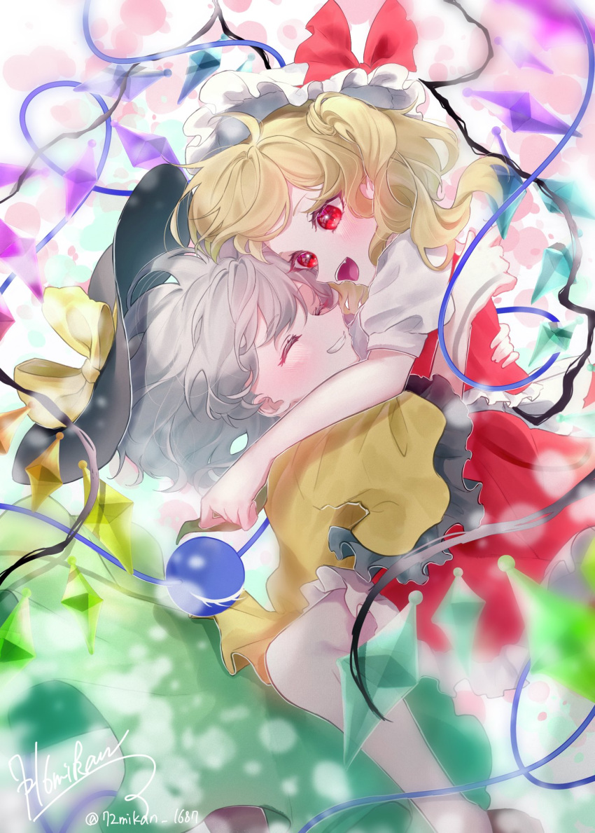 2girls 72mikan_1687 :d ^_^ arm_around_waist black_headwear blonde_hair blush bow carrying carrying_person closed_eyes colored_eyelashes commentary cowboy_shot crystal eyelashes facing_another fang flandre_scarlet floating_hair foot_out_of_frame frilled_skirt frilled_sleeves frills from_side green_skirt grey_hair grin happy hat hat_bow highres hug komeiji_koishi looking_at_another mob_cap multiple_girls nose open_mouth puffy_short_sleeves puffy_sleeves red_bow red_eyes red_skirt shirt short_sleeves side_ponytail signature simple_background skirt smile standing symbol-only_commentary teeth third_eye touhou trait_connection twitter_username upper_teeth_only white_headwear white_shirt wide_sleeves wings yellow_bow yellow_shirt