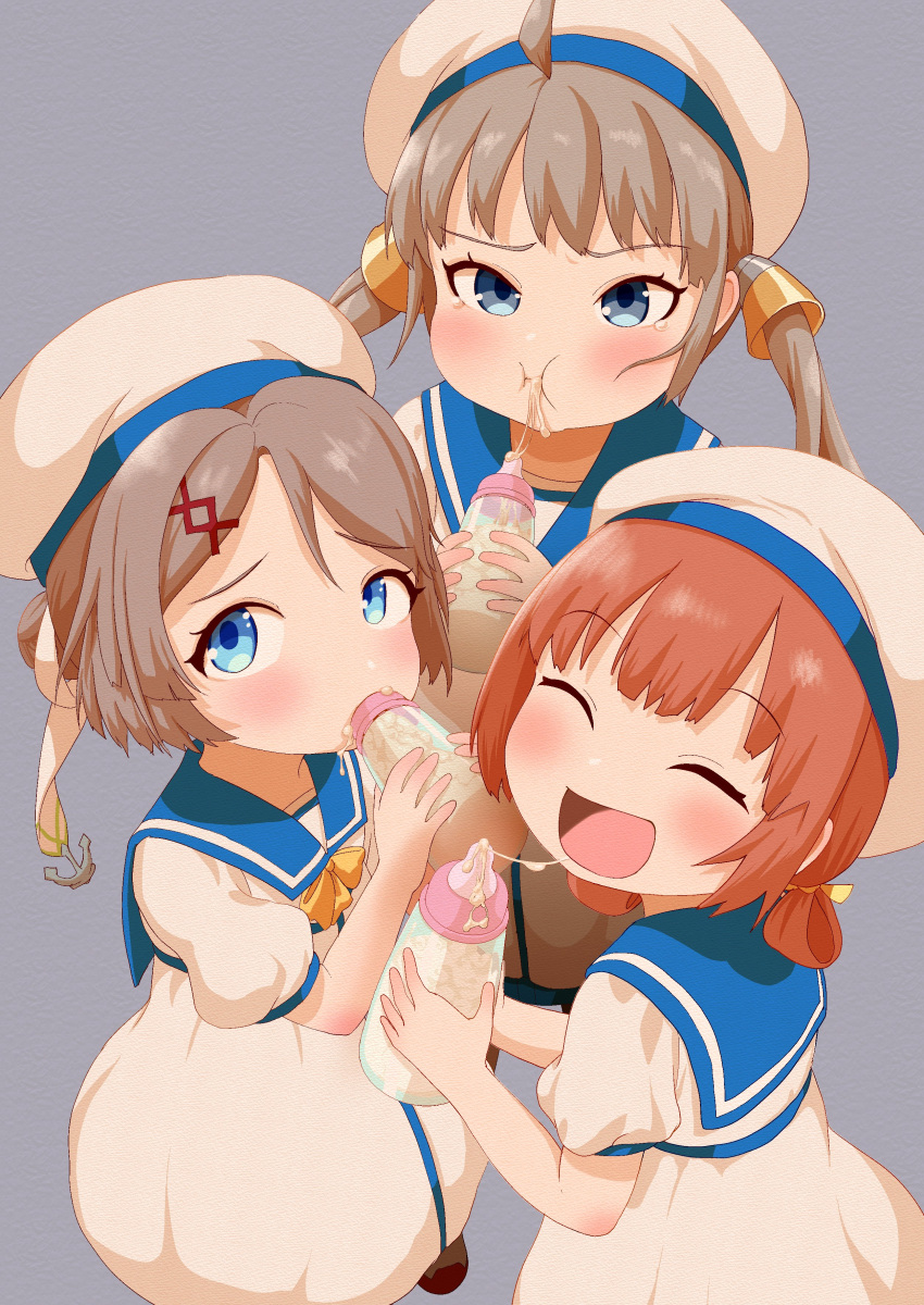 3girls absurdres ahoge baby_bottle blue_eyes blue_sailor_collar blush bottle bow brown_hair closed_eyes double_bun dress food_in_mouth green_eyes grey_background grey_hair hair_bun hair_rings hair_tubes hat highres kaiboukan_no._22_(kancolle) kaiboukan_no._30_(kancolle) kaiboukan_no._4_(kancolle) kantai_collection long_hair low_twintails multiple_girls pout puffy_sleeves sailor_collar sailor_dress sailor_hat short_hair short_sleeves simple_background smile twintails white_dress white_headwear yellow_bow yonemiya_inaho