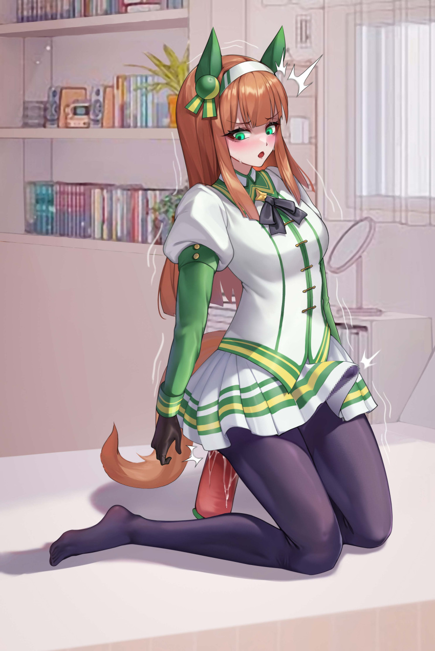 1girl absurdres animal_ears black_gloves black_pantyhose black_ribbon blush bulge carrot censored dress erection erection_under_clothes futanari futanari_masturbation gins gloves green_eyes highres holding holding_sex_toy horse_ears horse_girl horse_tail indoors long_hair long_sleeves masturbation mosaic_censoring neck_ribbon object_insertion open_mouth orange_hair paid_reward_available pantyhose ribbon sex_toy silence_suzuka_(umamusume) sitting smile solo sweat tail umamusume variant_set wariza white_dress