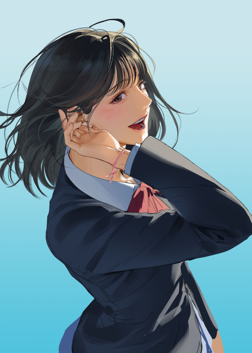 1girl :d akagi_haruko black_eyes black_hair black_jacket blush bracelet collared_shirt floating_hair gradient_background hand_on_own_ear highres jacket jewelry layered_clothes looking_at_viewer medium_hair nolja_cz red_ribbon ribbon school_uniform shirt slam_dunk_(series) smile solo upper_body white_shirt