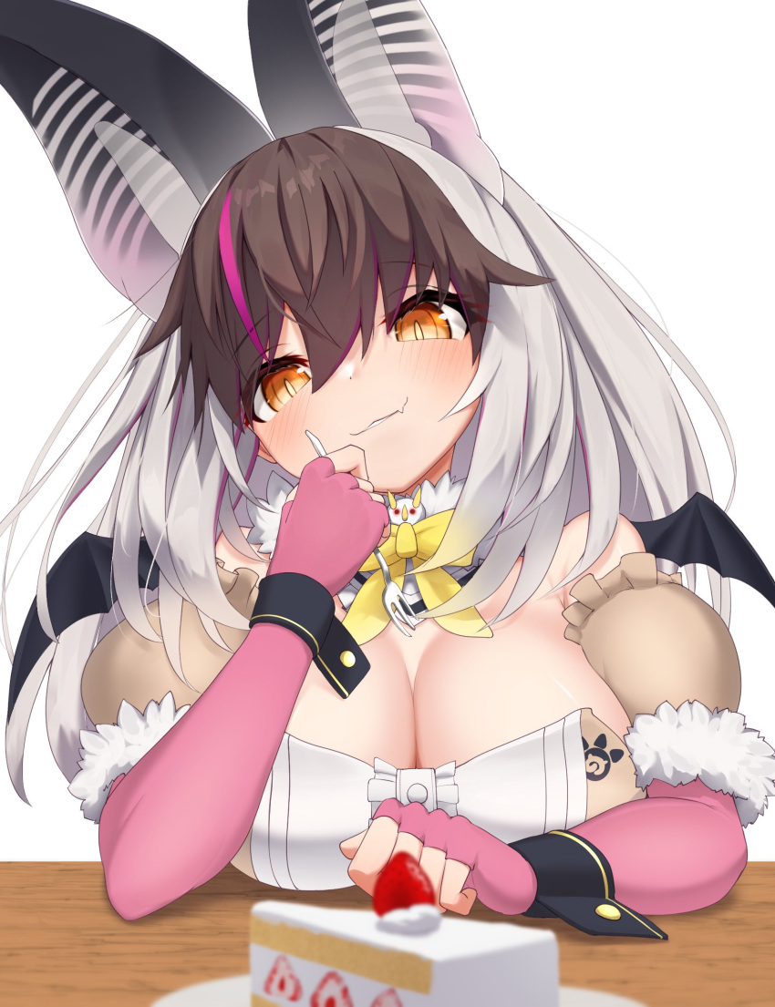 1girl animal_ears bare_shoulders bat_ears bat_girl bat_wings breasts brown_eyes brown_hair brown_long-eared_bat_(kemono_friends) cake cleavage elbow_gloves extra_ears fingerless_gloves food fork gloves grey_hair highres karekusa_meronu kemono_friends kemono_friends_v_project large_breasts leotard long_hair looking_at_viewer microphone simple_background solo upper_body virtual_youtuber wings