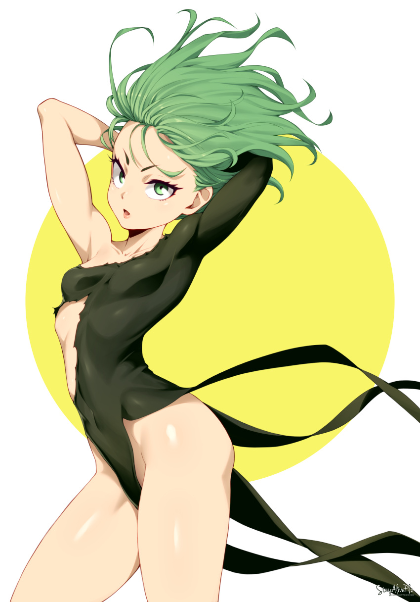 1girl absurdres arms_up black_dress breasts covered_navel dress green_eyes green_hair highres one-punch_man short_hair small_breasts solo stayaliveplz tatsumaki torn_clothes torn_dress