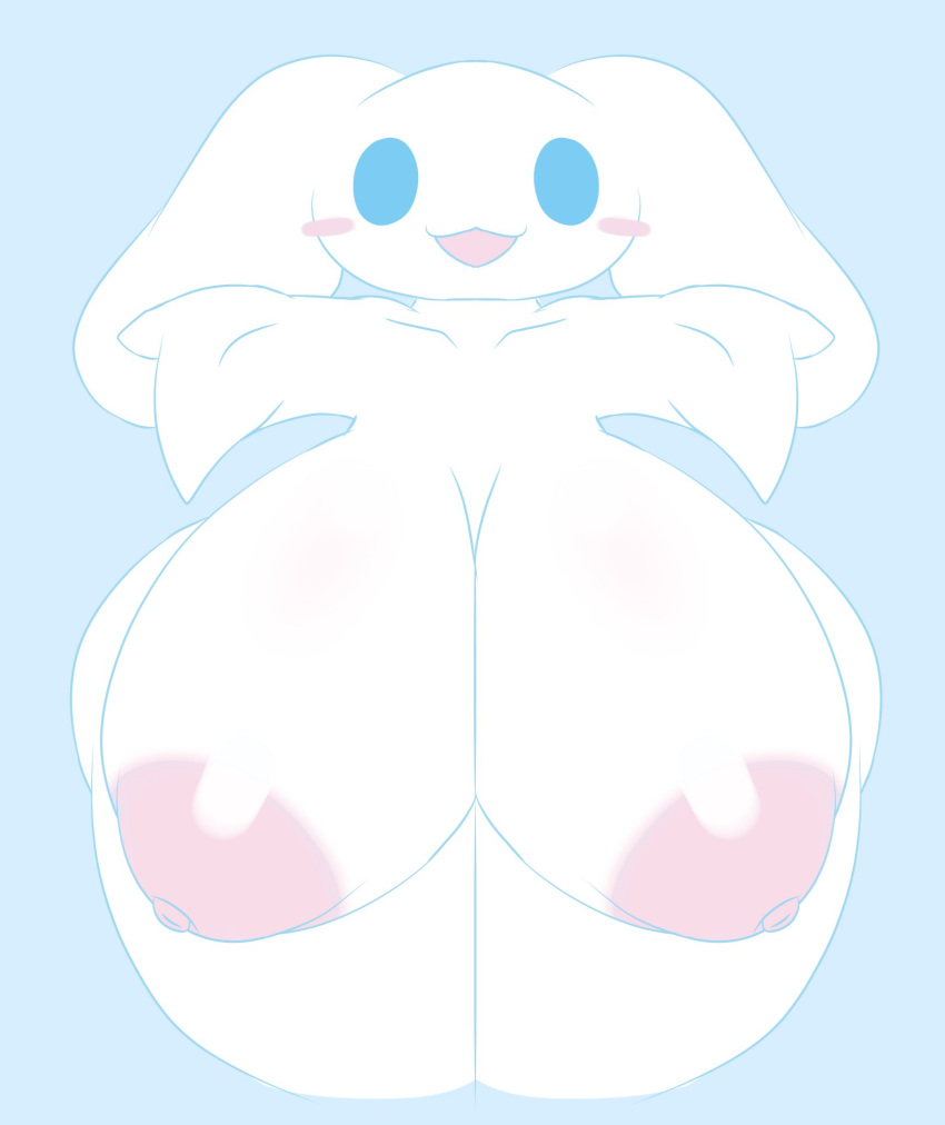 anthro big_breasts big_butt blue_background blue_eyes breasts butt canid canine canis cinnamon_(cinnamoroll) cinnamoroll completely_nude_female crossgender domestic_dog female female_focus fur hi_res huge_breasts long_ears looking_at_viewer mammal mtf_crossgender nude sanrio simple_background solo tha_randomu white_body white_fur