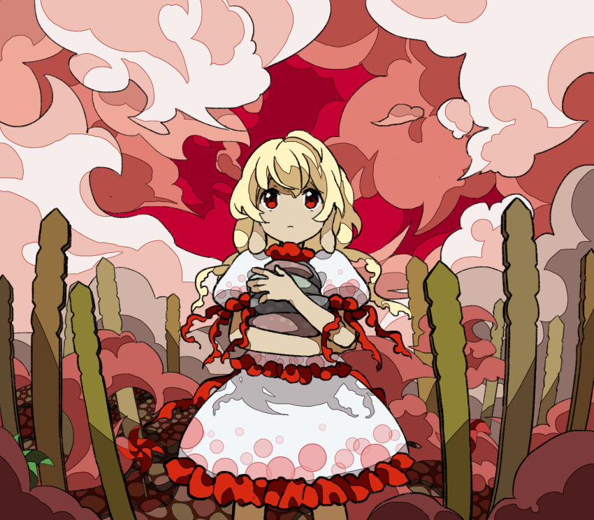 1girl blonde_hair closed_mouth cloud commentary_request cowboy_shot ebisu_eika frilled_skirt frills highres holding_rock kaigen_1025 long_earlobes long_hair no_nose outdoors puffy_short_sleeves puffy_sleeves red_eyes red_sky shirt short_sleeves skirt skirt_set sky solo touhou white_shirt white_skirt