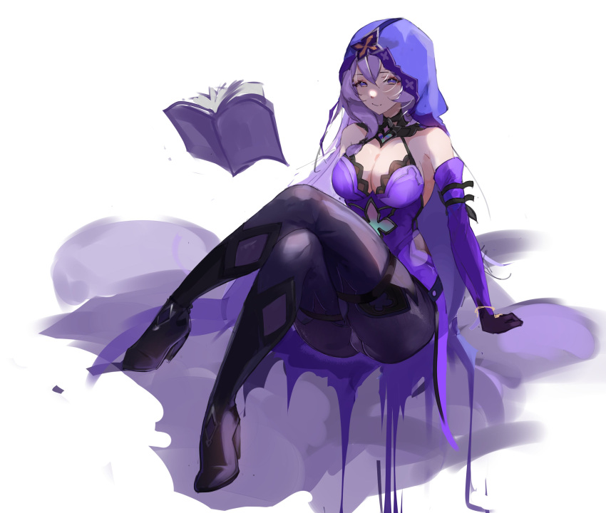 1girl absurdres bare_shoulders black_gloves black_pantyhose black_swan_(honkai:_star_rail) book breasts cleavage commentary crossed_legs dress elbow_gloves gloves high_heels highres honkai:_star_rail honkai_(series) long_hair looking_at_viewer medium_breasts pantyhose purple_dress purple_eyes purple_hair realpokke sitting sleeveless sleeveless_dress smile solo thighs veil very_long_hair white_background