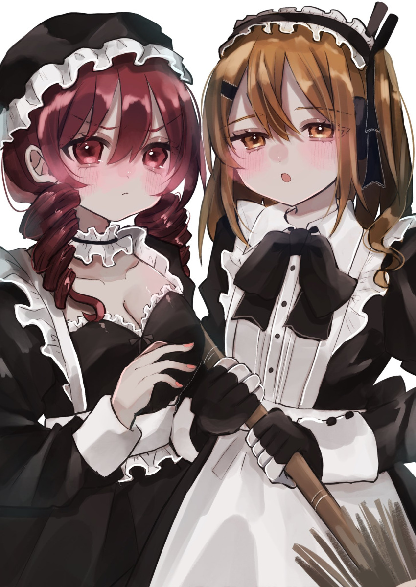 2girls a.i._voice adachi_rei aegyo_sal alternate_costume apron black_bow black_bowtie black_dress black_gloves black_ribbon bow bowtie breasts broom choker cleavage closed_mouth collarbone commentary_request cowboy_shot dress drill_hair enmaided expressionless frilled_choker frilled_hairband frills frown gloves hair_over_shoulder hair_ribbon hairband half-closed_eyes hat headphones highres holding holding_broom juliet_sleeves kanata_(kanataday39) kasane_teto large_breasts long_hair long_sleeves looking_at_viewer maid maid_apron mob_cap multiple_girls one_side_up open_mouth orange_eyes orange_hair pink_nails puffy_sleeves radio_antenna red_eyes ribbon side-by-side simple_background standing twin_drills two-handed two-tone_gloves utau v-shaped_eyebrows white_apron white_background white_gloves