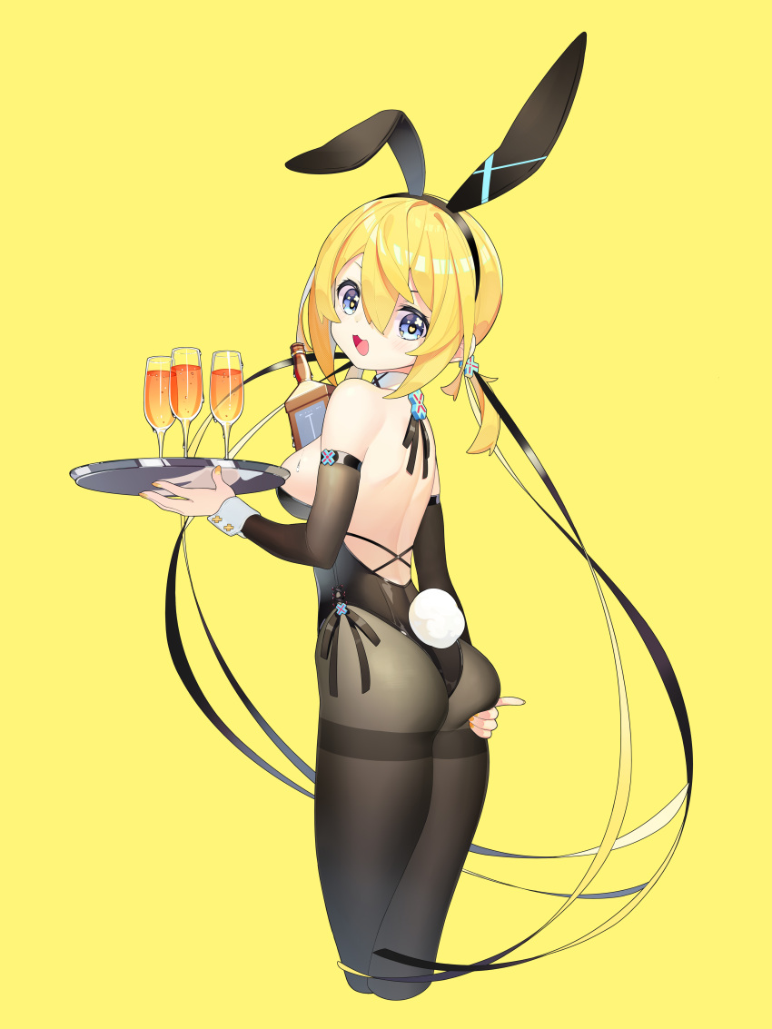 1girl :3 absurdres aiee alcohol animal_ears ass ass_grab black_leotard blonde_hair blue_eyes bottle breasts champagne_flute cocktail_glass cross_hair_ornament cross_ornament cup detached_collar detached_sleeves drinking_glass fake_animal_ears fake_tail from_behind grabbing_own_ass hair_between_eyes hair_ornament hair_ribbon heart heart-shaped_pupils highleg highleg_leotard highres holding holding_tray leotard looking_at_viewer looking_back medium_breasts original pantyhose playboy_bunny rabbit_ears rabbit_tail ribbon short_hair simple_background skindentation strapless strapless_leotard symbol-shaped_pupils tail tray twintails wrist_cuffs yellow_background