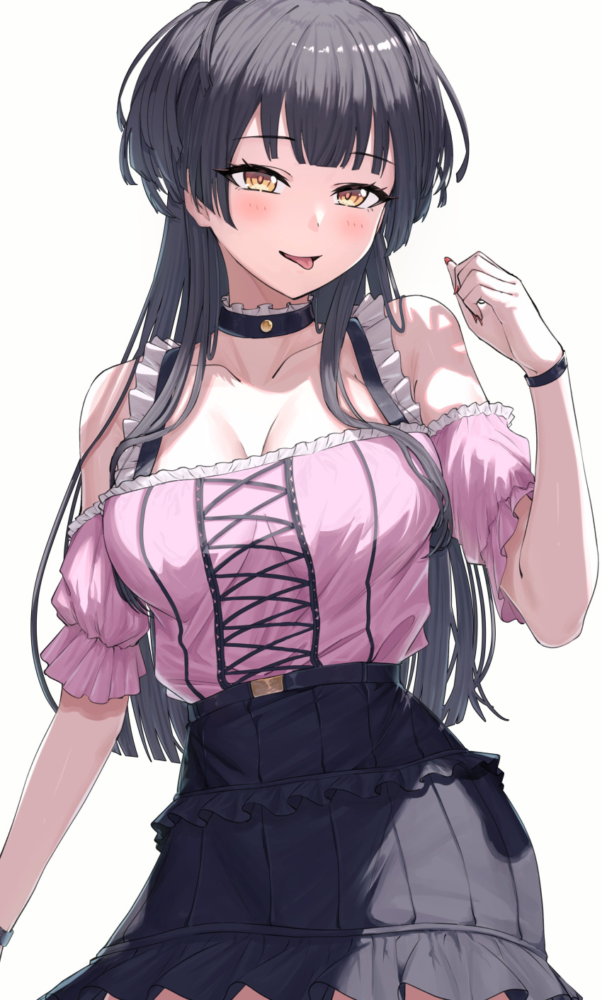 1girl :d absurdres bare_shoulders black_choker black_hair black_skirt breasts choker cleavage commentary_request cowboy_shot hand_up highres idolmaster idolmaster_shiny_colors long_hair looking_at_viewer mayuzumi_fuyuko miniskirt off-shoulder_shirt off_shoulder open_mouth pink_shirt shirt short_sleeves simple_background skirt smile solo standing take978733141 tongue tongue_out very_long_hair white_background yellow_eyes