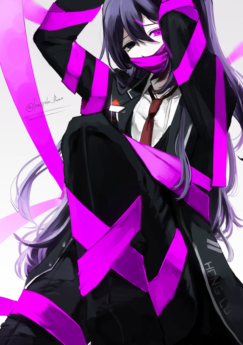 1boy absurdres arms_up black_eyes black_hair e.g.o_(project_moon) heterochromia highres hong_lu_(project_moon) kasyoku_bear limbus_company long_hair looking_at_viewer male_focus necktie pink_eyes pink_ribbon pink_shoes_(project_moon) project_moon red_necktie ribbon simple_background solo very_long_hair white_background