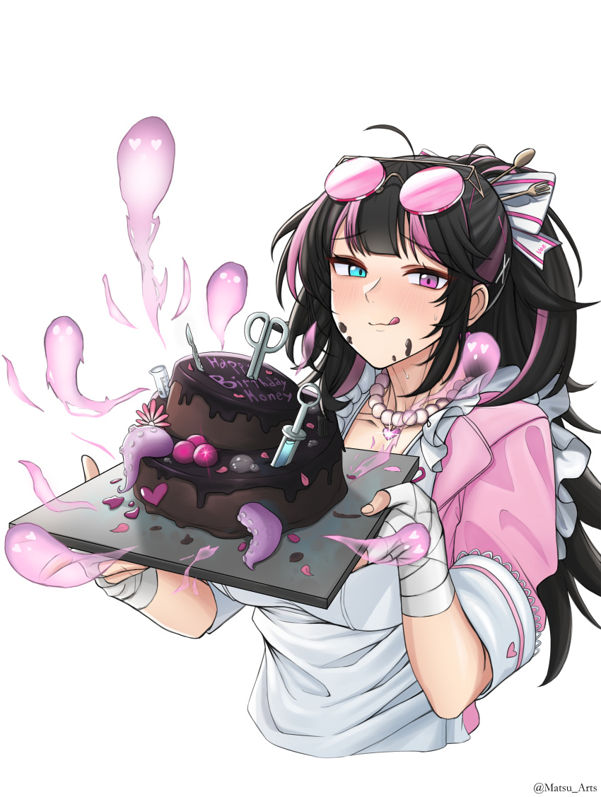 1girl absurdres apron aqua_eyes artist_name bandaged_arm bandaged_hand bandages birthday black_hair blush bow cake closed_mouth collarbone cropped_torso dress english_commentary eyewear_on_head food girls'_frontline girls'_frontline_neural_cloud hair_bow hair_ornament happy_birthday heterochromia highres holding holding_tray jewelry licking_lips long_hair looking_at_viewer matsu_arts multicolored_hair necklace official_alternate_costume pink_dress pink_eyes short_sleeves smile solo streaked_hair sunglasses sweatdrop tongue tongue_out tray twitter_username upper_body vee_(addictive_affections)_(neural_cloud) vee_(neural_cloud) white_apron white_background