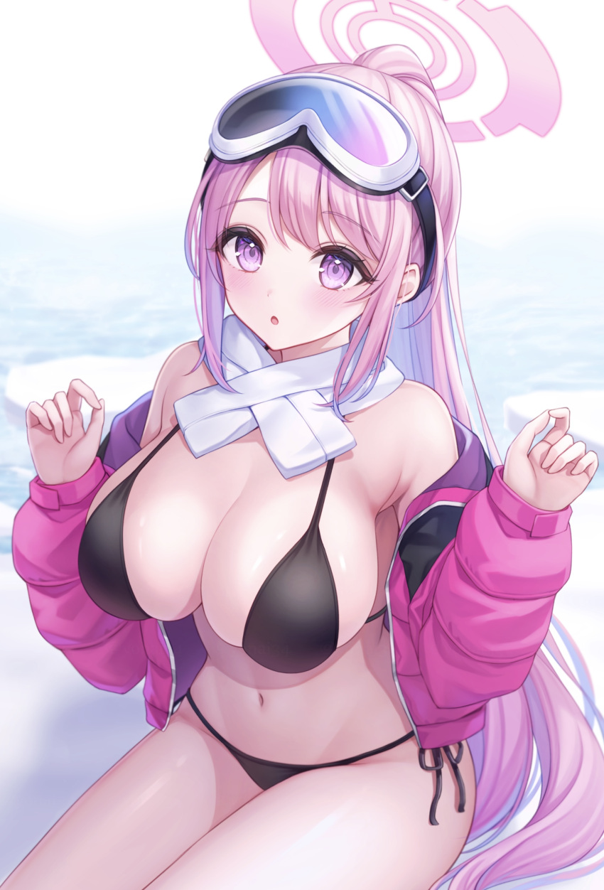 1girl :o absurdres bikini black_bikini blue_archive blush breasts cleavage down_jacket eimi_(blue_archive) eimi_(swimsuit)_(blue_archive) glacier goggles goggles_on_head halo highres jacket large_breasts long_hair looking_at_viewer navel official_alternate_costume open_clothes open_jacket padded_jacket pink_eyes pink_hair pink_halo pink_jacket ponytail scarf side-tie_bikini_bottom sideboob ski_goggles skindentation solo swimsuit white_scarf yonai34