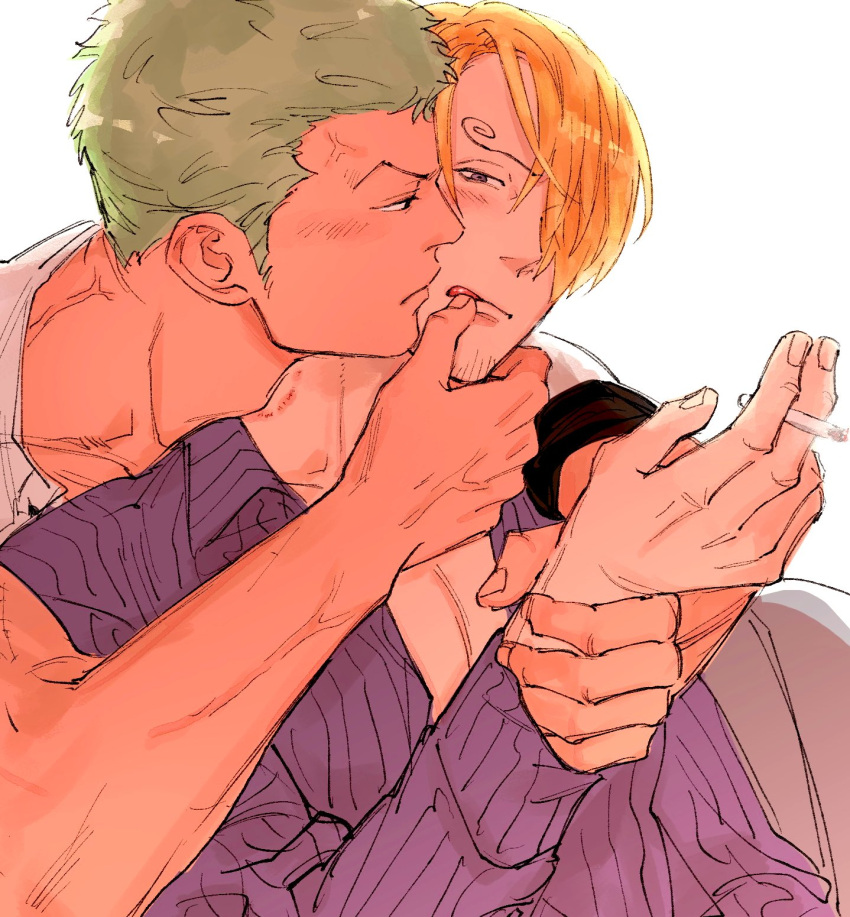 2boys black_eyes brown_eyes cigarette colored_skin finger_to_mouth flustered green_hair highres holding holding_another's_wrist holding_cigarette kzwtr8 male_focus mature_male multiple_boys one_piece pectoral_cleavage pectorals purple_shirt roronoa_zoro sanji_(one_piece) shirt simple_background tan white_background white_shirt white_skin yaoi