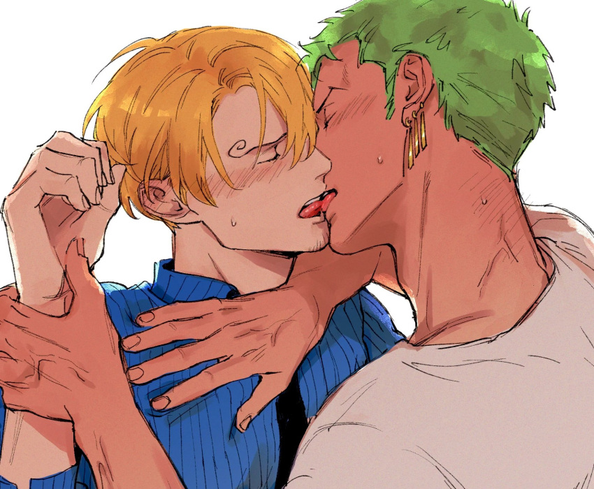 2boys black_necktie blonde_hair blue_shirt closed_eyes colored_skin earrings flustered french_kiss green_hair highres holding_another's_wrist jewelry kiss kzwtr8 male_focus mature_male multiple_boys necktie one_piece roronoa_zoro sanji_(one_piece) shirt tan teeth upper_teeth_only white_shirt white_skin yaoi