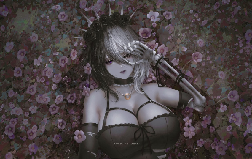 1girl aoi_ogata arm_up bare_shoulders black_choker black_dress black_eyes black_flower black_hair black_lips black_rose black_sleeves breasts choker cleavage clip_studio_paint_(medium) commentary commission copyright_request detached_sleeves dress english_commentary flower frilled_choker frills grey_hair hair_between_eyes large_breasts looking_at_viewer lying multicolored_hair on_back parted_lips pink_flower purple_eyes rose skeletal_arm solo torn_clothes torn_sleeves two-tone_hair upper_body virtual_youtuber white_flower