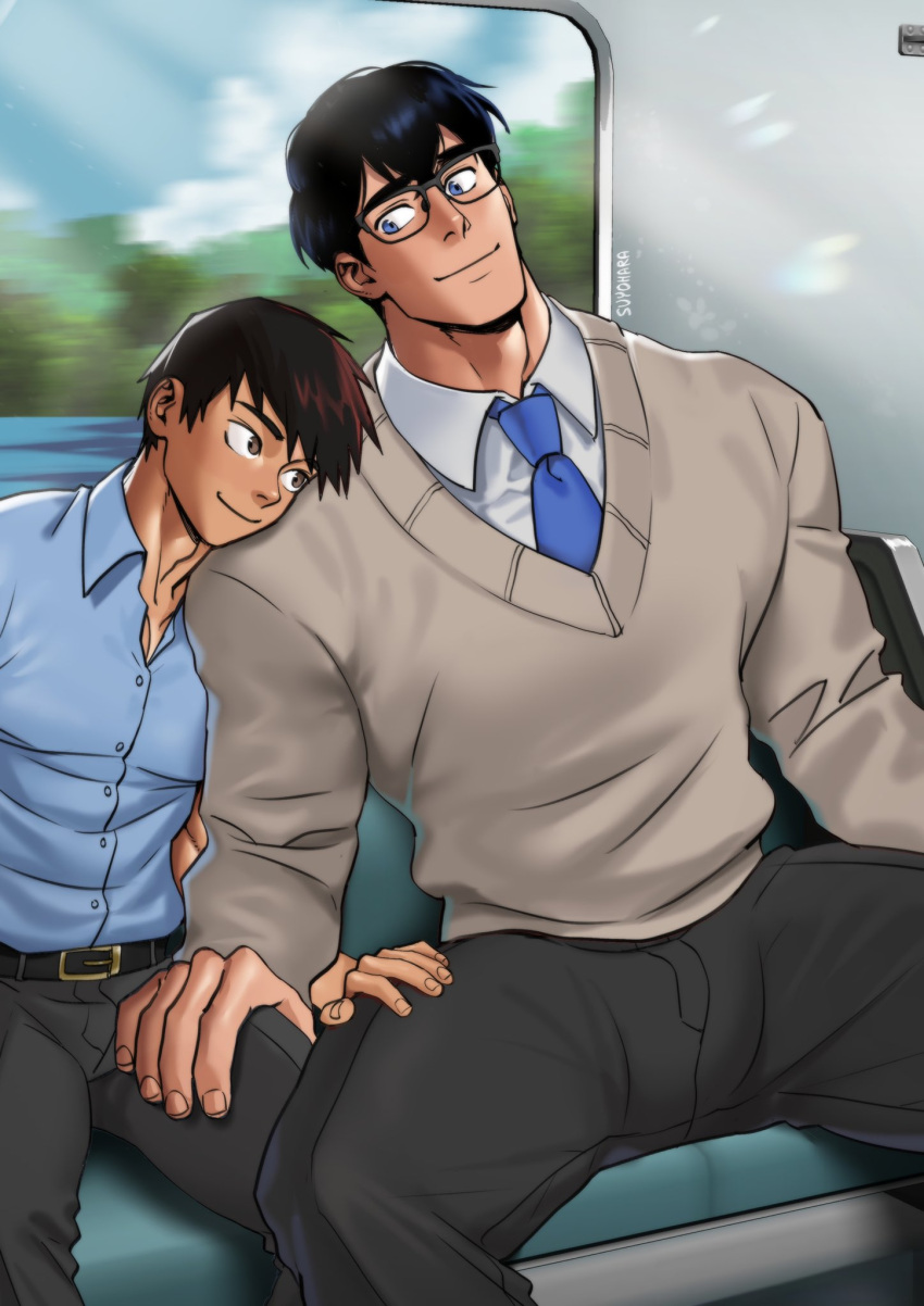 2boys bara belt black_belt black_hair black_pants blue_eyes blue_shirt brown_sweater clark_kent closed_mouth collared_shirt couple dc_comics genderswap genderswap_(ftm) glasses highres lois_lane male_focus multiple_boys muscular muscular_male my_adventures_with_superman necktie pants shirt short_hair smile superman_(series) suyohara sweater white_shirt yaoi