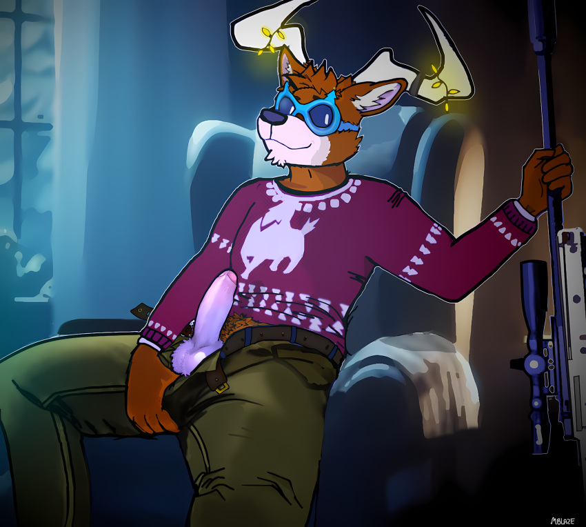 anthro balls clothing comfy deer dolph_(fortnite) epic_games eyewear fortnite genitals gun hi_res looking_at_viewer male mammal mblaze mood_lighting new_world_deer night penis ranged_weapon reindeer sitting solo suggestive_look sunglasses sweater topwear unzipped unzipped_pants weapon zipper