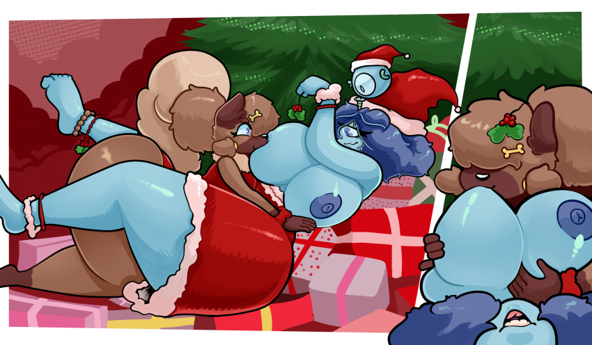 anthro areola big_breasts blue_eyes blue_hair blush breast_play breast_suck breasts brown_body canid canine canis christmas christmas_clothing christmas_headwear clothed clothing cyclops digital_media_(artwork) duo female female/female fur generation_1_pokemon generation_7_pokemon hair hat headgear headwear hi_res holidays kiss_the_carrot koi_(carrot_kiss) magnemite mammal nintendo nipples open_mouth petra_(carrot_kiss) pokemon pokemon_(species) rockruff santa_hat shaded smile sucking tail thick_thighs