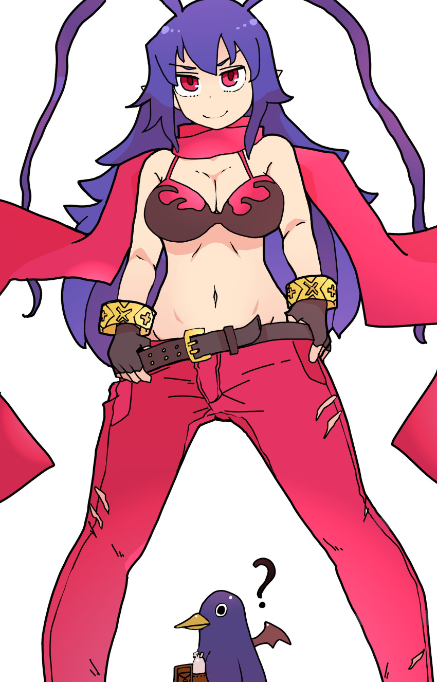 1girl ? absurdres belt bikini bikini_top_only blue_hair breasts cleavage closed_mouth disgaea disgaea_d2 fingerless_gloves gloves highres jewelry kami_koppu_(gerbera777) laharl-chan long_hair looking_at_viewer navel pointy_ears prinny red_eyes red_scarf scarf simple_background smile swimsuit white_background