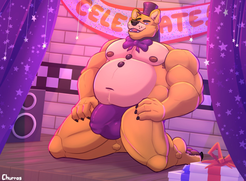 2023 anthro armpit_hair banner barazoku barefoot bear belly biceps big_belly big_bulge big_muscles body_hair bow_tie bulge churrosolixoso claws clothed clothing curtains detailed_bulge english_text eyebrows feet five_nights_at_freddy's fur golden_freddy_(fnaf) hat headgear headwear hi_res inside kneeling male mammal musclegut muscular muscular_anthro muscular_male navel nipples open_mouth open_smile overweight overweight_anthro overweight_male pecs scottgames signature smile solo stage text thick_thighs thong thong_only top_hat topless topless_anthro topless_male tuft underwear underwear_only
