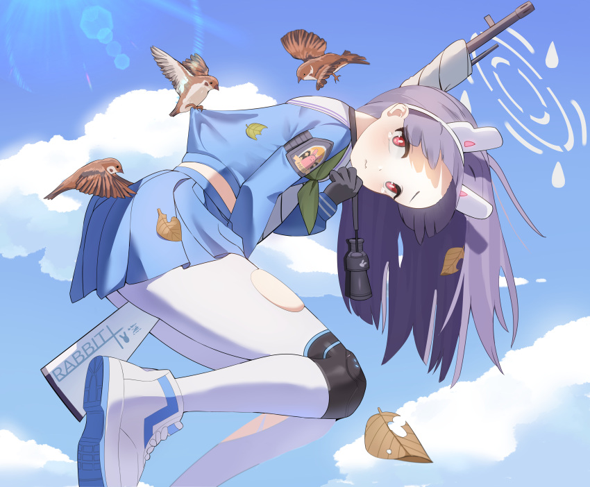 1girl absurdres animal_ear_headphones animal_ears between_legs binoculars bird black_gloves blue_archive blue_shirt blue_skirt blue_sky bright_pupils chow0312 closed_mouth cloud cloudy_sky commentary_request day eurasian_tree_sparrow fake_animal_ears gloves grey_halo gun halo hand_up headphones highres knee_pads korean_commentary leaf lens_flare long_hair looking_at_viewer miyu_(blue_archive) pantyhose pleated_skirt purple_hair rabbit_ear_headphones red_eyes school_uniform serafuku shirt shoes skirt sky sneakers solo sparrow torn_clothes torn_pantyhose weapon white_footwear white_pantyhose white_pupils