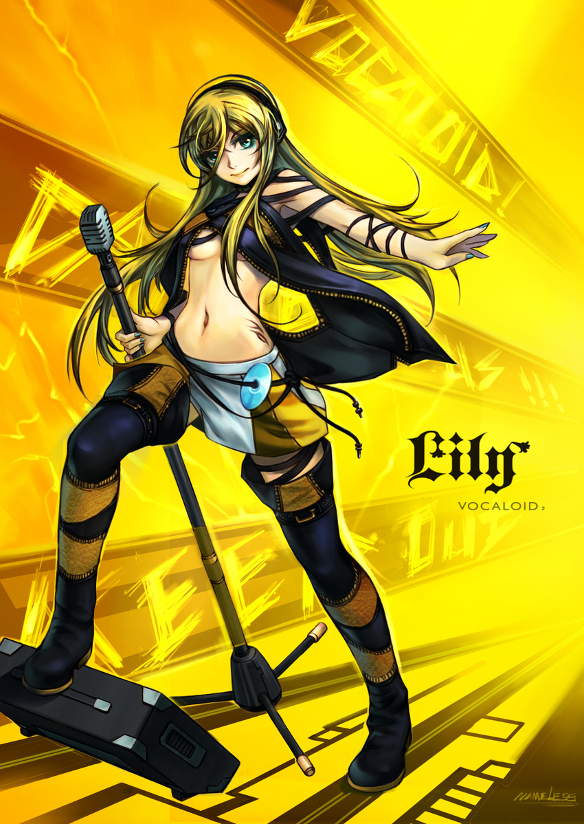 blonde_hair blue_eyes boots breasts hairband highres kote_(tures) lily_(vocaloid) long_hair medium_breasts microphone microphone_stand midriff navel solo thigh_boots thighhighs underboob very_long_hair vocaloid yellow