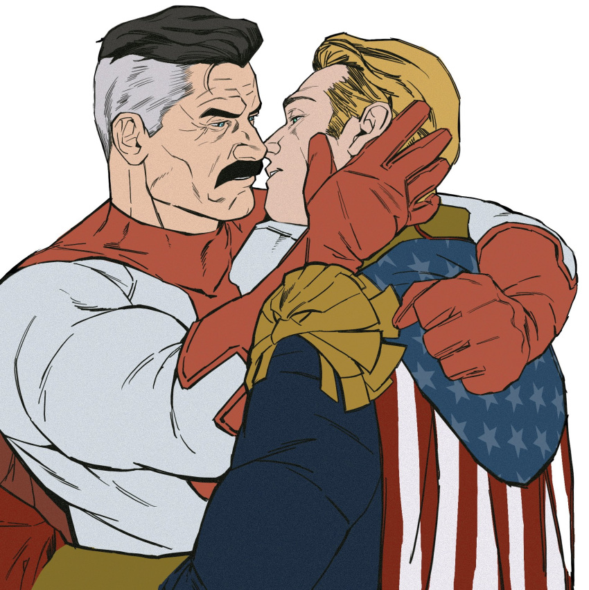 2boys black_hair blonde_hair blue_eyes bonjourdraws cape colored_skin crossover facial_hair gloves grey_hair half-closed_eyes highres homelander invincible_(series) male_focus mature_male multicolored_hair multiple_boys muscular muscular_male mustache omni-man simple_background superhero teeth the_boys thick_arms two-tone_bodysuit two-tone_hair white_background white_skin yaoi