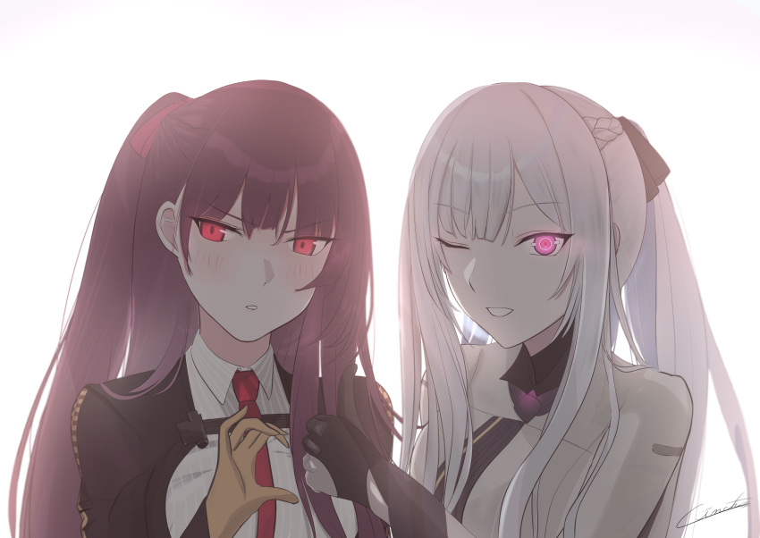 2girls absurdres ak-12_(girls'_frontline) artificial_eye artist_name black_gloves black_jacket blush braid breasts french_braid gincho girls'_frontline gloves glowing glowing_eye hair_ribbon highres jacket long_hair long_sleeves looking_at_viewer multiple_girls one_eye_closed open_mouth ponytail purple_eyes purple_hair red_eyes ribbon side_ponytail sidelocks simple_background smile upper_body wa2000_(girls'_frontline) white_hair white_jacket yellow_gloves