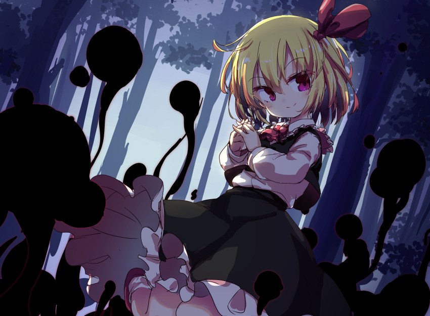 1girl absurdres ascot black_skirt black_vest blonde_hair closed_mouth commentary darkness forest frilled_skirt frills hair_ribbon highres isu_(is88) long_sleeves looking_at_viewer nature outdoors own_hands_together red_ascot red_eyes red_ribbon ribbon rumia shirt short_hair skirt smile solo touhou vest white_shirt