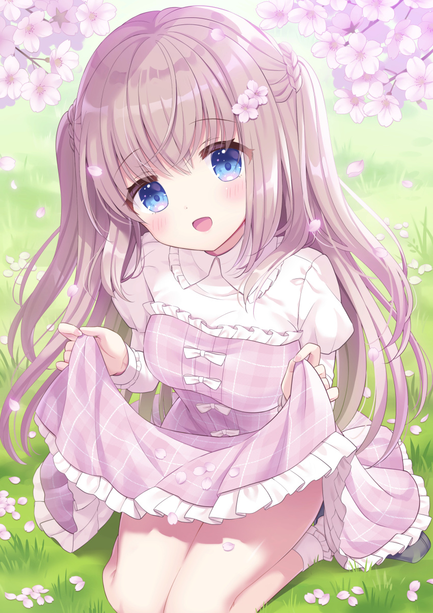 1girl :d blue_eyes blush bow cherry_blossoms commentary crossed_bangs day dress eyelashes eyes_visible_through_hair falling_petals flower frilled_dress frills grass hair_between_eyes hair_flower hair_ornament half_updo head_tilt highres hoshimame_mana juliet_sleeves knees_out_of_frame light_brown_hair long_hair long_sleeves looking_at_viewer on_grass open_mouth original outdoors petals pink_dress pink_flower plaid plaid_dress puffy_sleeves shirt sidelocks sitting skirt_hold smile solo spring_(season) thighs two_side_up very_long_hair wariza white_bow white_shirt