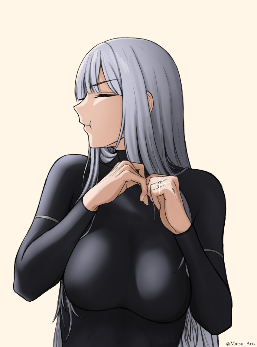 1girl absurdres ak-12_(girls'_frontline) arms_up artist_name black_bodysuit bodysuit breasts closed_eyes closed_mouth girls'_frontline grey_hair highres jewelry long_hair long_sleeves matsu_arts medium_breasts ring sidelocks simple_background solo twitter_username upper_body wedding_ring