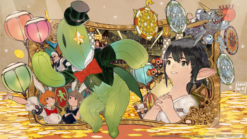 2boys 2girls :d brown_eyes brown_hair chocobo closed_eyes coin final_fantasy final_fantasy_xiv gold gold_coin green_eyes hat highres interlocked_fingers lalafell masayoshi_inoue multiple_boys multiple_girls nanaphon_(ff14) official_art own_hands_together playboy_bunny pointy_ears puffy_short_sleeves puffy_sleeves sabotender senor_sabotender shirt short_hair short_sleeves smile solo_focus top_hat warrior_of_light_(ff14) white_shirt