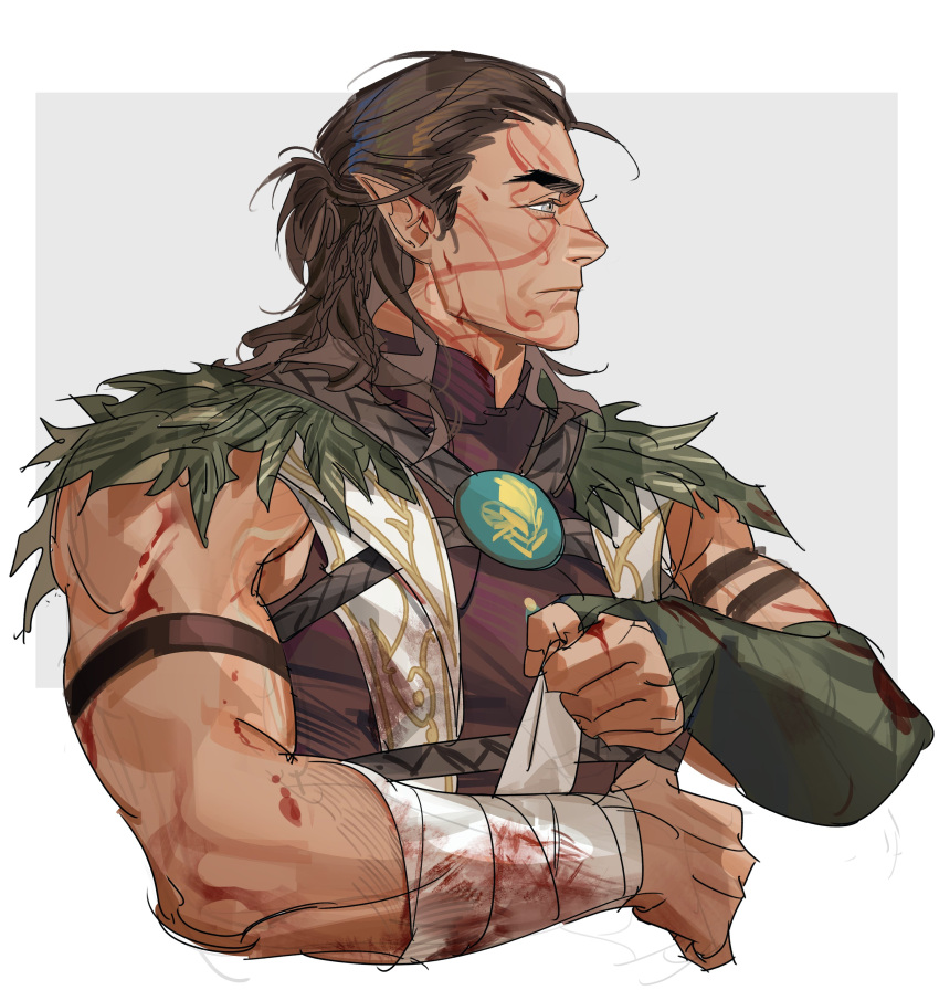 1boy absurdres baldur's_gate baldur's_gate_3 bandaged_arm bandages bara blood blood_on_arm blood_on_clothes brown_eyes brown_hair dark-skinned_male dark_skin dungeons_and_dragons elf facial_tattoo fingerless_gloves gloves green_gloves greensalad350 halsin highres leaf looking_ahead male_focus mature_male medium_hair muscular muscular_male pointy_ears simple_background solo solo_focus tattoo thick_arms thick_eyebrows vest