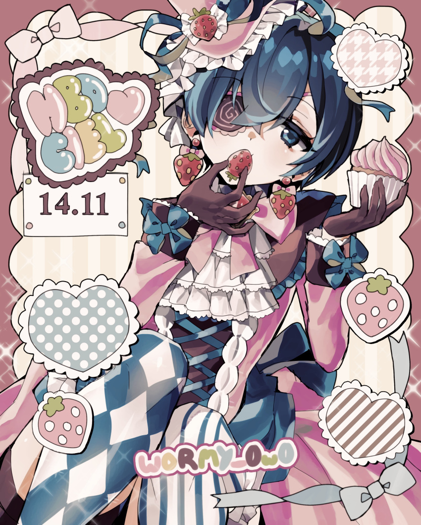 1boy absurdres birthday blue_eyes blue_hair bow child ciel_phantomhive cupcake earrings eating food food-themed_earrings frilled_hat frills fruit gloves happy_birthday hat heart highres holding holding_food holding_fruit jewelry kuroshitsuji male_focus otoko_no_ko patterned_clothing pink_theme short_hair solo strawberry strawberry_earrings wormy_owo