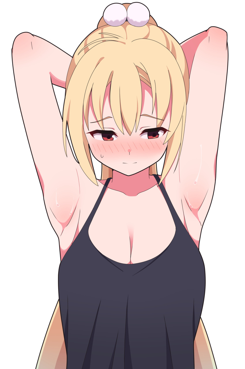 1girl absurdres arihara_nanami armpits arms_behind_head arms_up black_camisole blonde_hair blush breasts camisole cleavage closed_mouth collarbone commentary embarrassed frown full-face_blush hair_between_eyes hair_ornament highres large_breasts long_hair looking_to_the_side nose_blush pom_pom_(clothes) pom_pom_hair_ornament ponytail presenting_armpit red_eyes riddle_joker simple_background solo split_mouth straight-on straight_hair sweat sweatdrop symbol-only_commentary upper_body very_long_hair white_background zlmh7okwwbmghfo