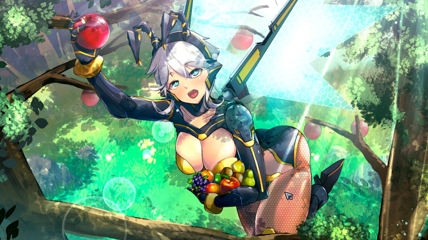 1girl absurdres action_taimanin breasts cleavage clothing_cutout cyborg fishnets flying food fruit green_eyes headgear helga_(taimanin_series) highres holding holding_food holding_fruit large_breasts mechanical_parts mechanical_wings open_mouth radio_antenna short_hair solo taimanin_(series) tree white_hair wings
