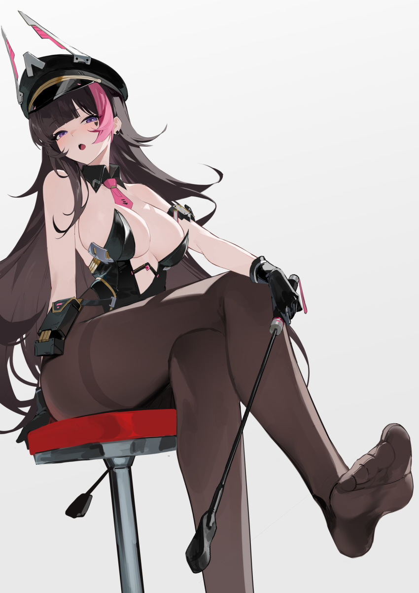 1girl black_hair breasts character_request copyright_request feet foot_out_of_frame gloves hat highres jiu_ye_sang legs leotard long_hair medium_breasts necktie no_shoes pantyhose pink_necktie purple_eyes riding_crop sitting soles solo stool toes white_background