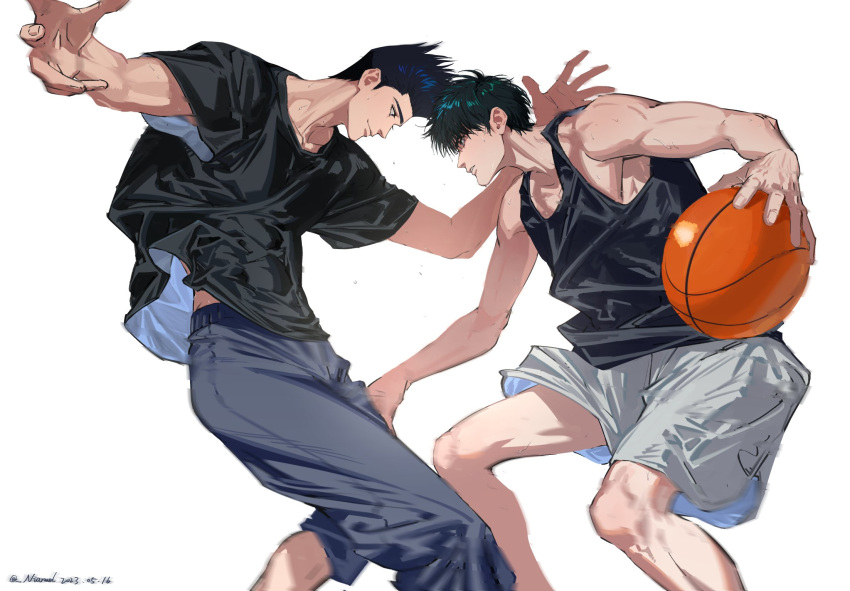 2boys armpit_peek arms_up ball basketball basketball_(object) black_eyes black_hair black_shirt black_tank_top blue_eyes blue_pants closed_mouth clothes_lift eye_contact face-to-face feet_out_of_frame grey_shorts highres holding holding_ball looking_at_another male_focus midriff_peek motion_blur multiple_boys niarwol pants parted_lips pectorals playing_sports rukawa_kaede sendou_akira shirt short_hair shorts sidepec simple_background slam_dunk_(series) smile spiked_hair sweat tank_top toned toned_male white_background