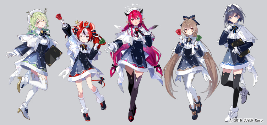 5girls ahoge animal_ears blue_eyes blue_hair bow bow_earrings bowtie brown_eyes brown_hair ceres_fauna commentary_request dress earrings full_body gloves green_hair grey_background hair_between_eyes hair_intakes hakos_baelz hat high_heels holocouncil hololive hololive_english horns irys_(hololive) jewelry long_hair long_sleeves looking_at_viewer mouse_ears mouse_girl mouse_tail multiple_girls nanashi_mumei official_art one_eye_closed open_mouth ouro_kronii pantyhose pointy_ears red_hair short_hair simple_background smile tail thighhighs tobi_(kotetsu) tongue twintails virtual_youtuber white_hair yellow_eyes zettai_ryouiki