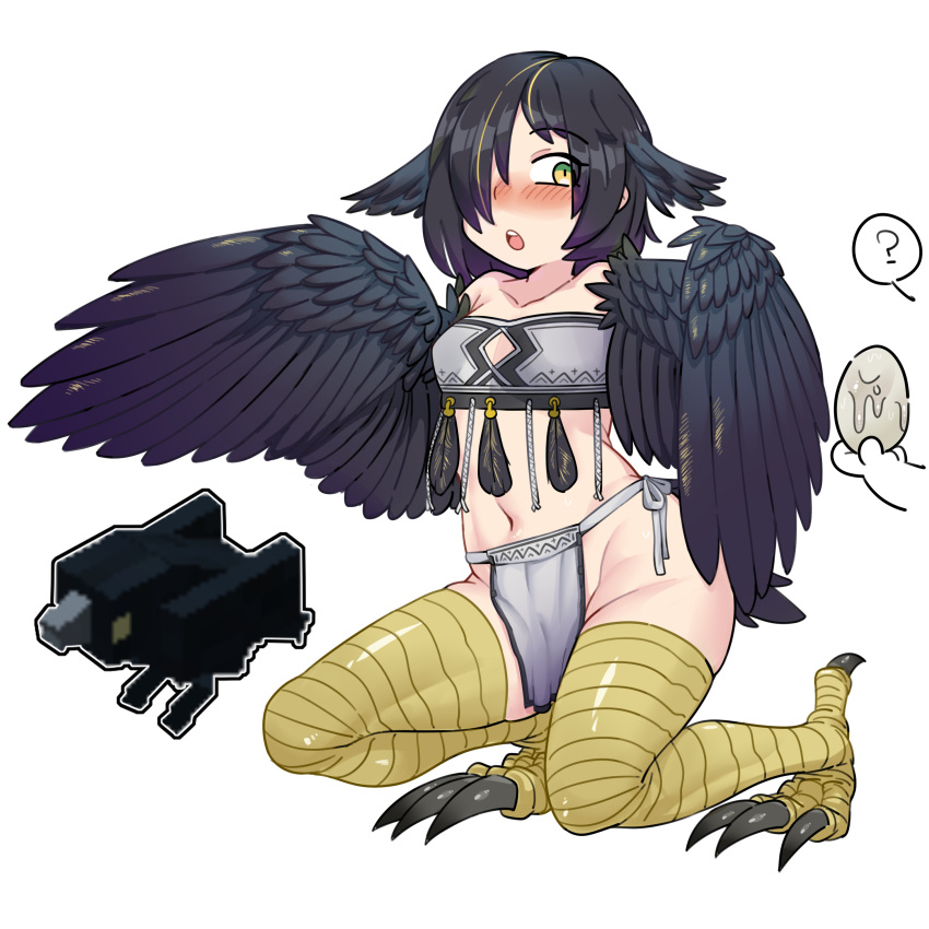 1girl ? absurdres animal_ears bandeau bare_shoulders bird_ears bird_legs black_feathers black_hair black_wings blonde_hair blush breasts center_opening commentary creature_and_personification egg feathered_wings feathers gradient_hair green_eyes hair_over_one_eye harpy highres loincloth long_hair midriff minecraft monster_girl multicolored_hair navel open_mouth original personification purple_hair r-dragon simple_background small_breasts spoken_question_mark streaked_hair suggestive_fluid teeth upper_teeth_only white_background winged_arms wings yellow_eyes