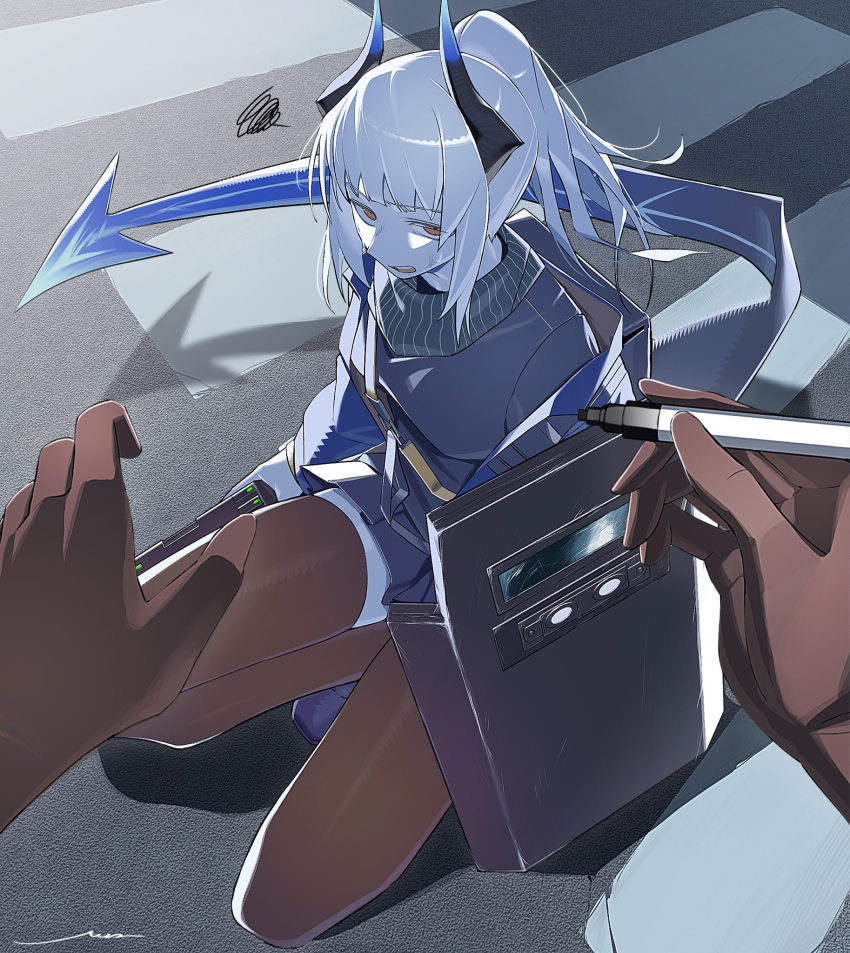 1girl arknights black_gloves black_scarf black_thighhighs blue_jacket blue_skirt dragon_girl dragon_horns dragon_tail gloves grey_hair gun highres holding holding_gun holding_shield holding_weapon horns jacket kneeling liskarm_(arknights) long_hair long_sleeves looking_at_viewer open_mouth orange_eyes pleated_skirt ponytail pov pov_hands scarf shield signal_1120 skirt solo_focus squiggle tail thighhighs weapon