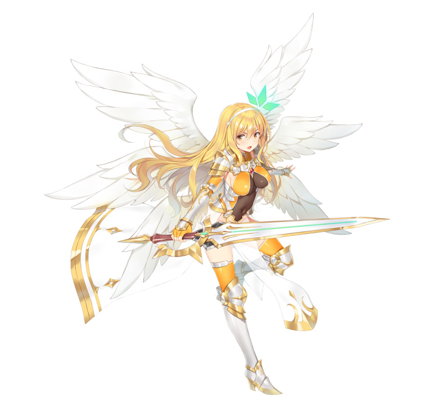 1girl arm_guards armor armored_boots blonde_hair boots breasts commentary_request covered_navel escalation_heroines feathered_wings fingerless_gloves full_body gloves gold_trim hair_ornament hairband highres holding holding_sword holding_weapon leg_up leotard long_hair looking_at_viewer medium_breasts multiple_wings official_art open_mouth see-through shoulder_armor simple_background solo sword thighs weapon white_background wings yellow_eyes yuuki_hagure