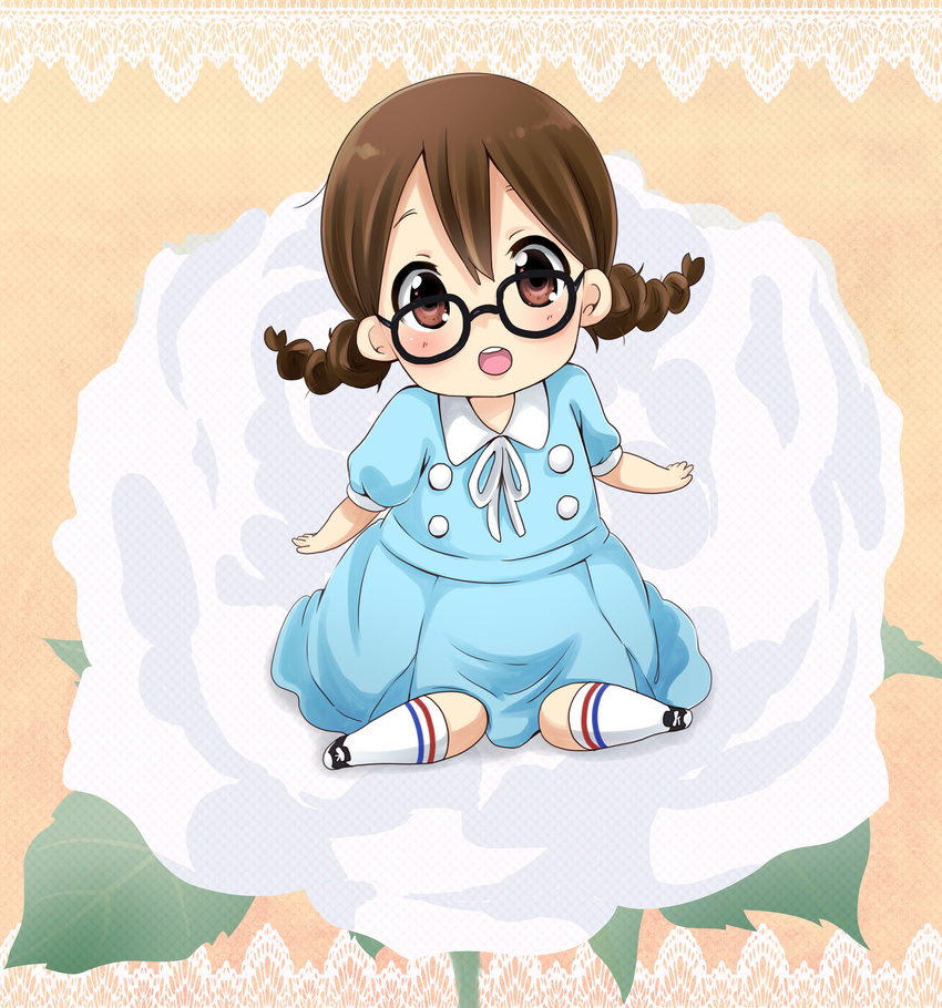 :o absurdres bad_id bad_pixiv_id bespectacled braid brown_eyes brown_hair chibi dress flower glasses highres hirasawa_yui k-on! k-on!_movie minigirl official_style on_flower oversized_object ragho_no_erika rose singing! sitting solo twin_braids