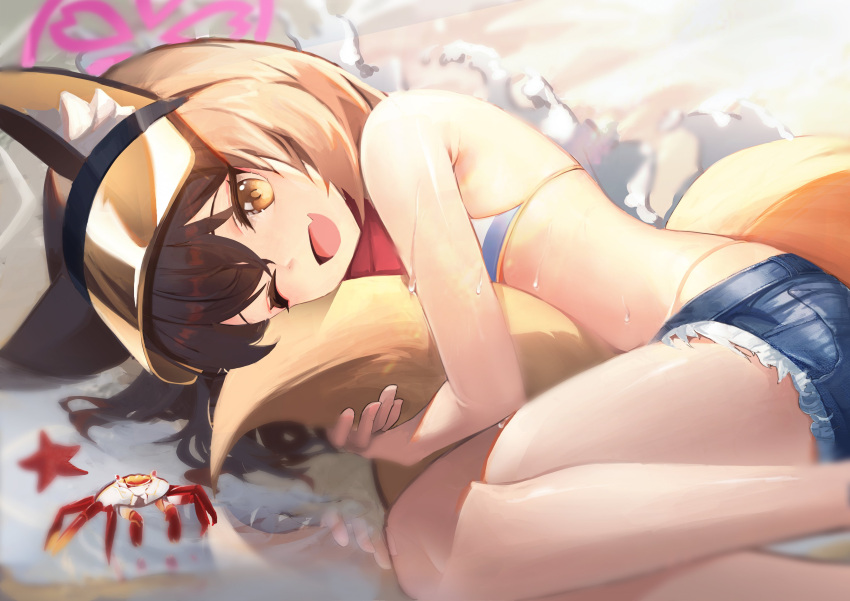 1girl absurdres animal_ear_fluff animal_ears bikini blue_archive blue_bikini breasts brown_hair crab denim denim_shorts eyeshadow fang fox_ears fox_girl fox_tail halo highres hugging_own_tail hugging_tail izuna_(blue_archive) izuna_(swimsuit)_(blue_archive) knees_up looking_at_viewer lying makeup on_ground on_side one_eye_closed open_mouth outdoors pink_eyeshadow poe purple_halo short_hair shorts skin_fang small_breasts smile solo starfish striped striped_bikini sunlight swimsuit tail visor_cap waves wet yellow_eyes