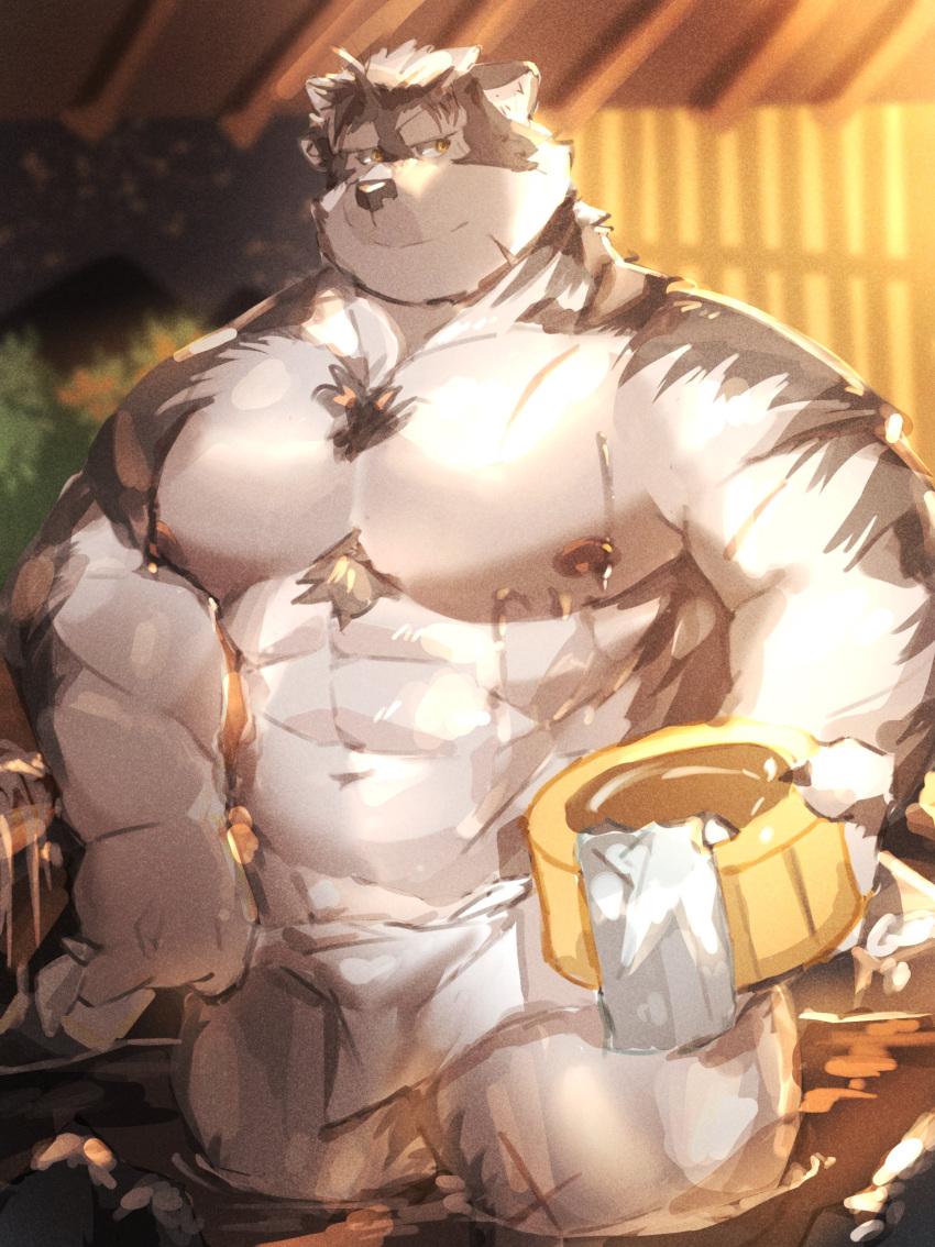 abs absurd_res anthro bathing canid canine canis fur grey_body grey_fur hi_res horkeu_kamui_(tas) hot_spring lifewonders male mammal muscular muscular_anthro muscular_male nipples okentya partially_submerged pecs solo tokyo_afterschool_summoners towel water wolf yellow_eyes