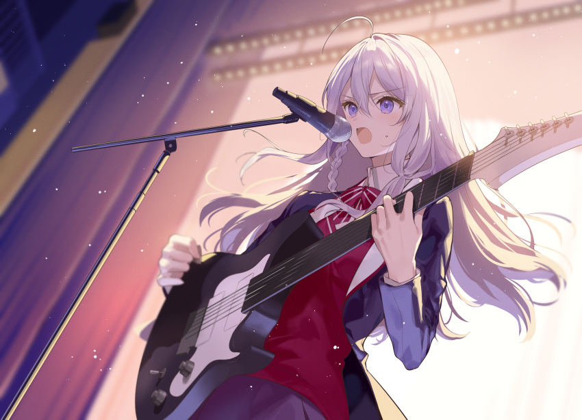 1girl absurdres ahoge blazer bow bowtie braid collared_shirt elaina_(majo_no_tabitabi) grey_hair highres jacket light_blush long_hair long_sleeves majo_no_tabitabi microphone microphone_stand necomi official_art open_mouth playing_guitar purple_eyes red_shirt second-party_source shirt single_braid solo striped striped_bow striped_bowtie