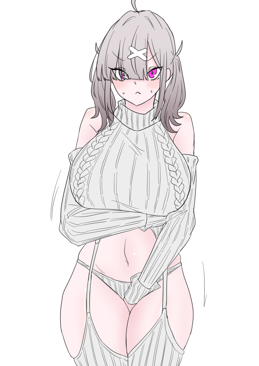 1girl absurdres ahoge bare_shoulders blush breasts cable_knit detached_sleeves eyes_visible_through_hair frim_02 grey_hair grey_sweater hair_ornament hair_over_one_eye highres large_breasts long_hair looking_at_viewer meme_attire mole mole_under_eye naked_sweater nijisanji pink_eyes ribbed_sweater simple_background sleeveless sleeveless_turtleneck solo sukoya_kana sweater turtleneck turtleneck_sweater virgin_killer_sweater virtual_youtuber x_hair_ornament