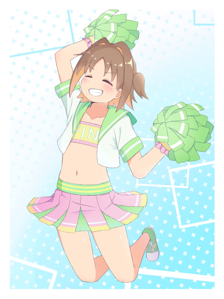1girl alternate_costume arm_up bandeau bare_arms bare_legs brown_hair cheerleader closed_eyes clothes_writing collarbone colored_inner_hair commentary cropped_shirt dot_nose flat_chest full_body green_footwear grin hair_intakes highres holding holding_pom_poms jumping k-d light_blush midriff miniskirt multicolored_hair navel oka_asahi onii-chan_wa_oshimai! open_clothes open_shirt orange_hair parted_bangs pleated_skirt pom_pom_(cheerleading) shoes short_hair short_sleeves simple_background skirt smile sneakers solo two-tone_hair two_side_up